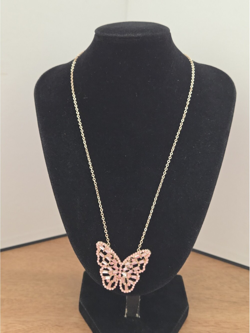 Pink Rhinestone Butterfly Pendant Necklace Gold Tone Silver Tone Chain Statement